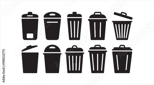 Black trash bin icons arranged in grid, simple sanitation and cleaning illustration