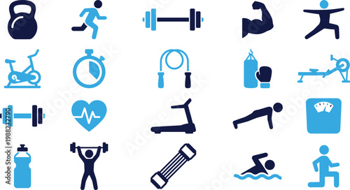 Fitness and gym icon set for workout equipment and healthy lifestyle.