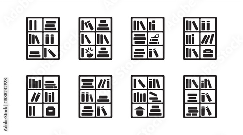 Minimal bookcase symbol set showing books and storage shelves