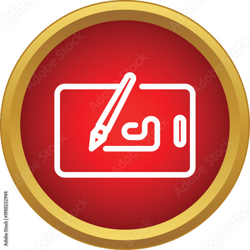 Graphic tablet with stylus creating a digital drawing on a red and gold button