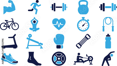 Fitness and gym icon set for active living sports and workout equipment.