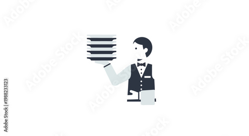 Waiter holding stack of plates.