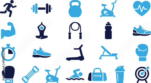 Fitness and gym equipment icons blue and dark blue on white.