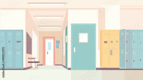 School Hallway With Lockers And Doors