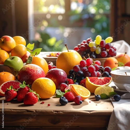 Abundant, colorful assortment of fresh fruits on a rustic table