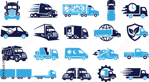 Various truck and transportation vehicle icons blue dark blue.
