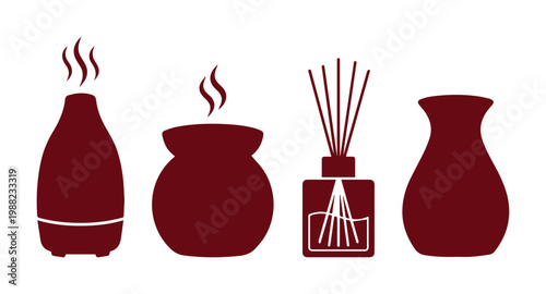 Minimalist home fragrance icon set, dark red aromatherapy diffuser and reed sticks vector, 4 wellness spa elements for relaxation and interior scenting