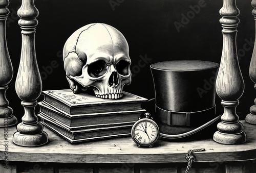 Skull rests on old books beside top hat, pocket watch. Wooden candlesticks frame scene. Black, white woodcut style, knowledge, time, mortality, often used in gothic historical contexts.