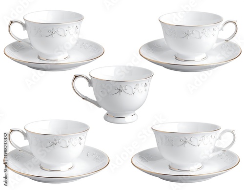 Five white teacups with matching saucers and delicate gold trim, presented on a white background, arranged for a product shot