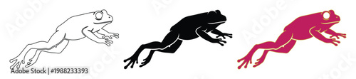 Minimalist jumping frog vector set, black silhouette and pink tree frog icons, 3 amphibian elements in outline and solid styles for nature logos