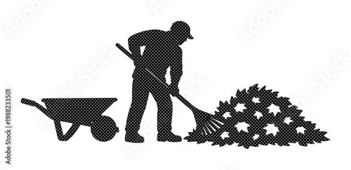 Gardener raking autumn leaves silhouette vector, landscaper cleaning yard with rake and wheelbarrow, seasonal garden maintenance and landscaping work