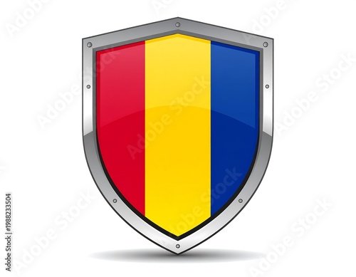 Free Download Glossy, metallic shield displaying vertical stripes of red, yellow, and blue. Reflective finish against a white backdrop - GFXLoad