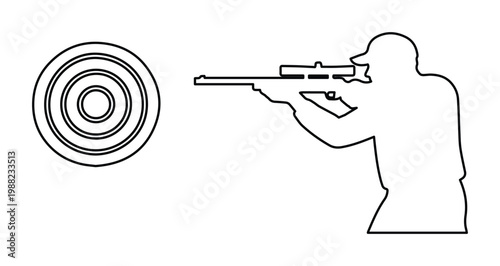 Sniper silhouette aiming at target, marksman with rifle and scope vector, shooting range practice outline, hunter aiming at bullseye