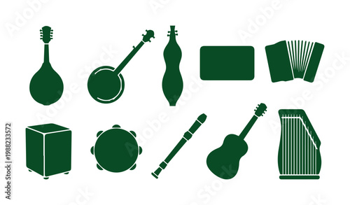 Folk music instrument silhouettes, set of 10 dark green vector icons including banjo, accordion, and mandolin, acoustic string and percussion elements