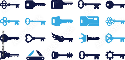 Set of various vintage and modern keys and locks icons vector illustration flat design.