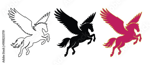 Mythical pegasus vector set, flying winged horse silhouettes in black and pink, majestic stallion icons for fantasy branding and logo design