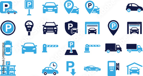 Various parking and car icons representing parking services transportation and car related services.