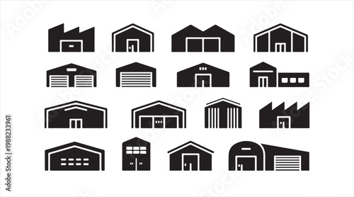 Black factory icons arranged in grid, simple industry and construction illustration
