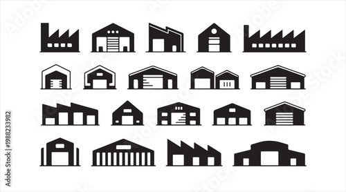 Collection of industrial factory icons in flat style for manufacturing and production themes