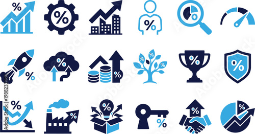 Business and finance growth icons showing progress development success and financial metrics.