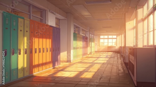 School Hallway With Colorful Lockers At Sunset