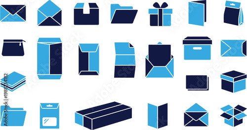 Set of postal and packaging icons with blue and navy blue colors.