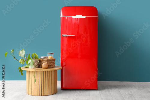 Modern red refrigerator and...