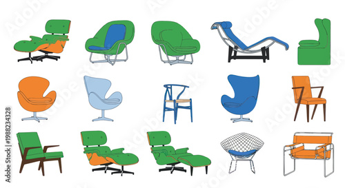 Collection of iconic designer chairs in various colors