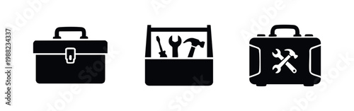 Tableau sur toile Set of black toolbox icons featuring a classic closed case, an open tool tote with hand tools, and a modern equipment carrier on white background