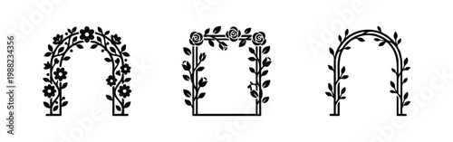 A set of three black floral arch silhouettes with flowers and leaves, ideal for wedding invitations, garden decor, and romantic graphic designs.