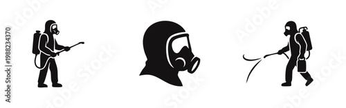 Black vector icon set of figures in hazmat suits and gas masks using spraying equipment for disinfection, pest control, or biohazard cleanup.