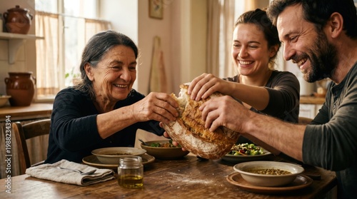 Group of people breaking bread together at rustic wooden table. First christian community sharing meal in simple home setting. Fellowship and unity, spiritual tradition and communion.