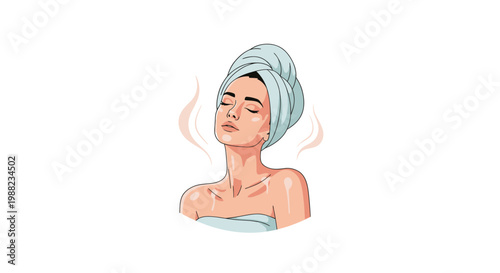 Woman with towel on head enjoying spa relaxation and skin care illustration