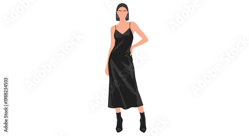 Minimalist fashion illustration of a stylish woman in a black silk slip dress and boots.