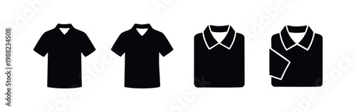 Set of minimalist black polo shirt icons illustrating the folding process, from open garment to neatly folded top, on a white background.