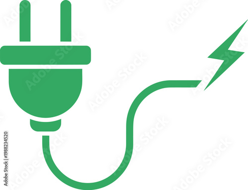 A green electrical plug with a cord and lightning bolt symbolizing energy and power