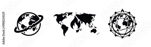 Set of minimalist black icons representing global warming, climate change, energy crisis, and environmental issues on a white background.