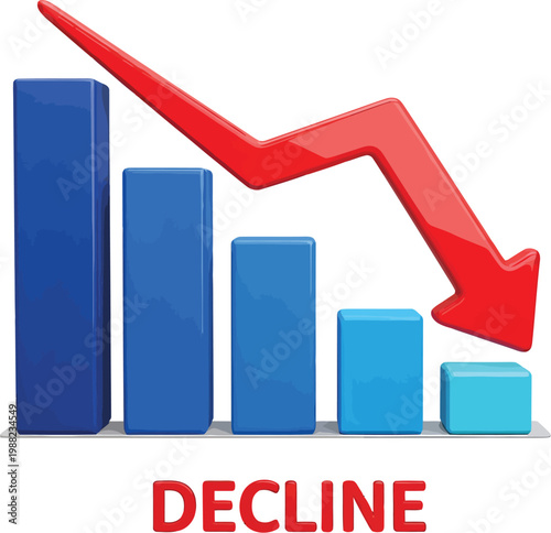 A bar graph showing a decline in values with a red arrow pointing downwards