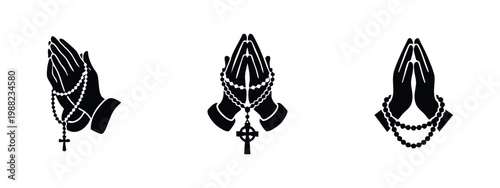 Set of black silhouette icons of praying hands holding rosary beads and crosses. Minimalist religious symbols of faith, prayer, and devotion.