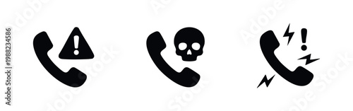 Minimalist black icons representing telephone scams and fraud alerts, featuring a handset with warning, skull, and danger symbols on a white background.