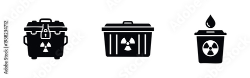 Set of black solid icons representing radioactive waste management, featuring secure storage containers, crates, and liquid waste disposal bins.