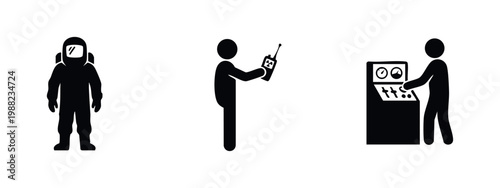 Icon set illustrating hazardous material safety, radiation monitoring, and power plant control. Minimalist black silhouettes on a white background.