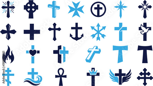 Collection of Christian and religious cross symbols flat icons.
