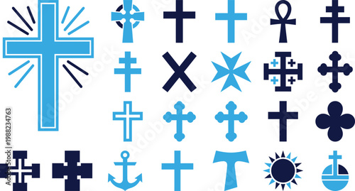 Collection of Christian and religious cross symbols flat icons.
