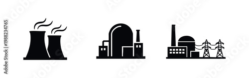 Set of three black minimalist icons representing a nuclear power plant, featuring cooling towers, reactor domes, and electricity pylons.