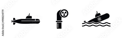 Set of minimalist black icons representing nuclear-powered submarines, featuring a periscope with a radiation symbol and a sub with an atom logo.