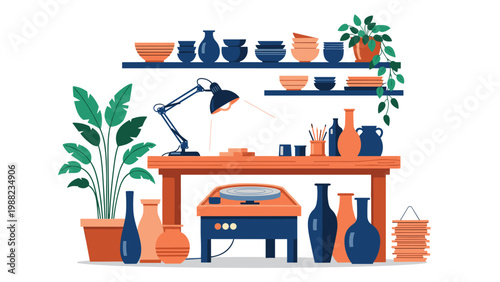 Organized pottery workshop featuring a large wooden table with tools, a pottery wheel, and shelves displaying various ceramic vases and pots.