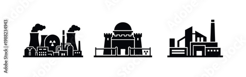 Set of black flat silhouette icons showing a nuclear power station, a fortified atomic facility, and an industrial manufacturing plant.