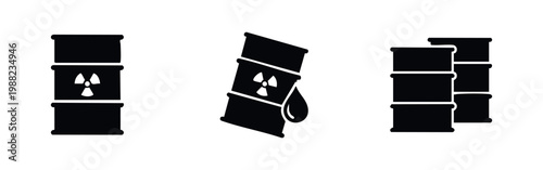Vector icons of nuclear waste barrels and radioactive hazard symbols. Includes leakage and storage illustrations in a clean silhouette style.