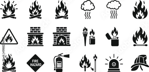 A collection of black and white fire icons on a plain white background